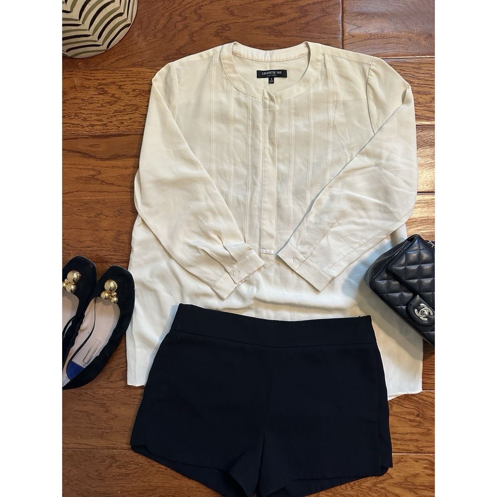 Lafayette 148 New York Womens S Silk Blouse Cream Off White Pleated Top